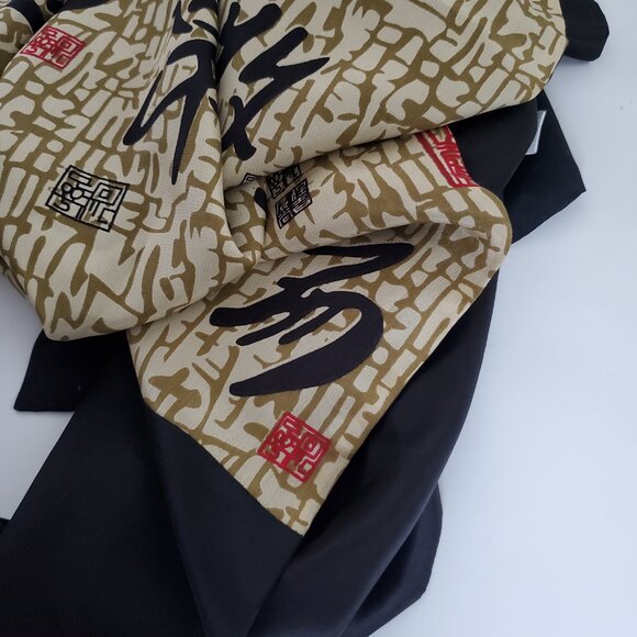 Vintage Silk Wrap Scarf Oriental Asian Style Soft Smooth Black Cream Red Pockets - Picture 3 of 11